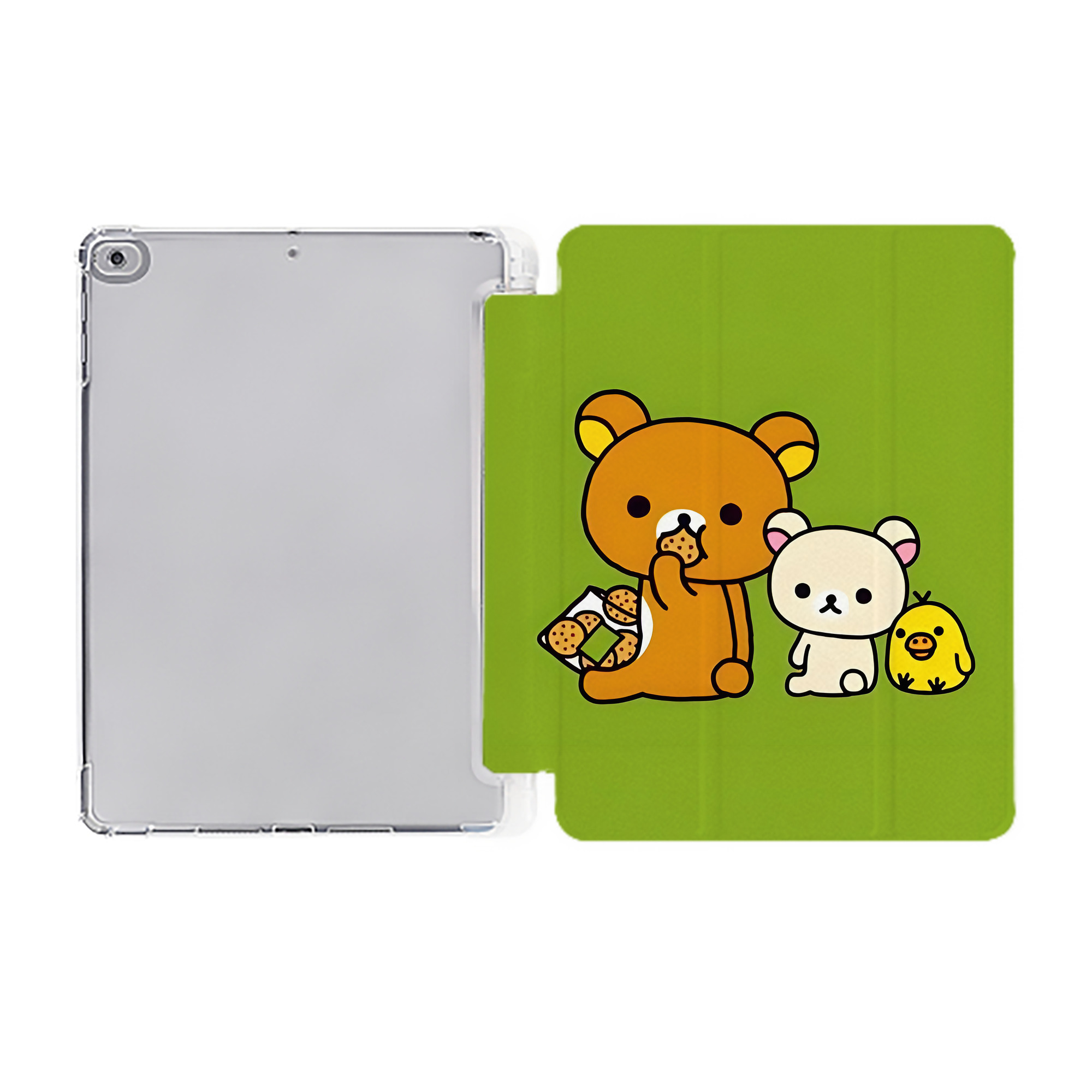 （画像用） リラックマ リラックマ キイロイトリ Rilakkuma Korilakkuma Kiiroitori IPad ケース ペン収納付き 三つ折りスタンド PUレザー×シリコン 対応機種9.5/10.5/10.9インチ